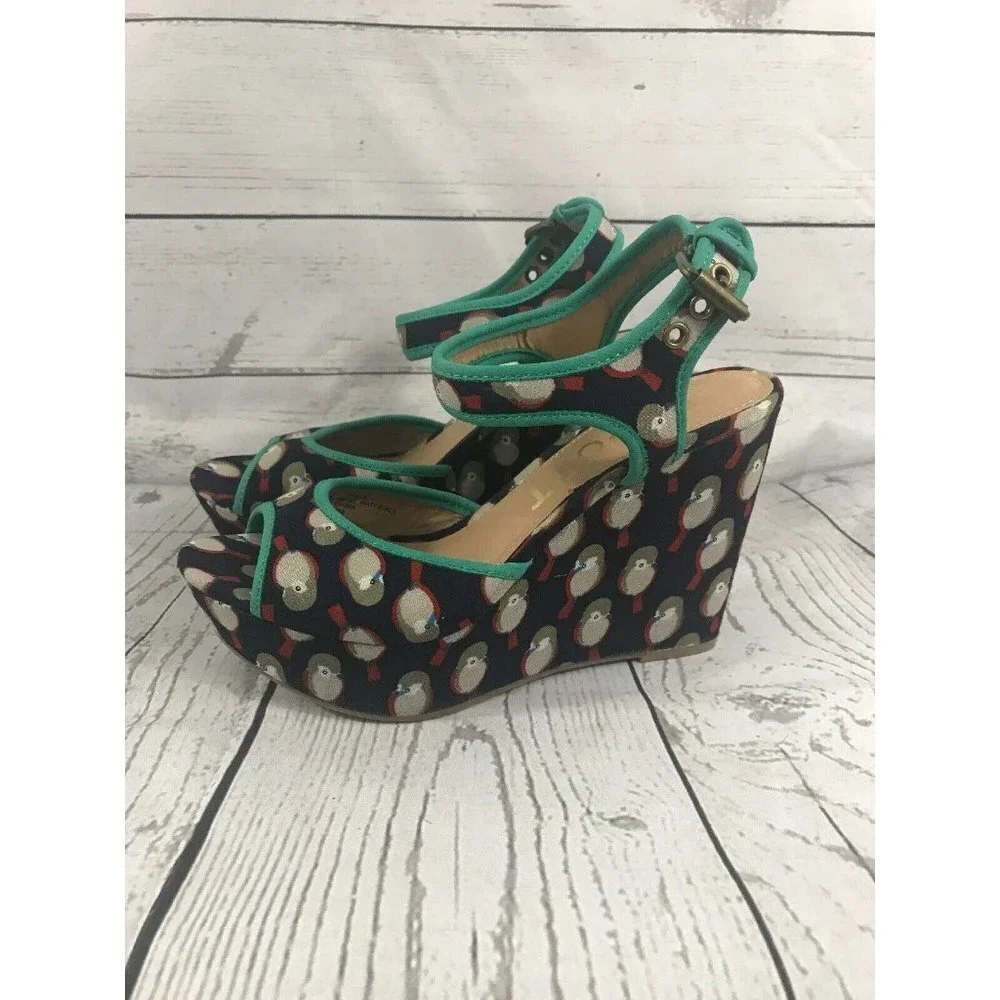 Report SHALA Navy Blue Bird Wedge Heel Sandals